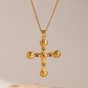 Collier Avec Pendentif Croix En Acier Inoxydable Plaqué Or Et Strass Pour Femme, Série Classique, h5 Image3