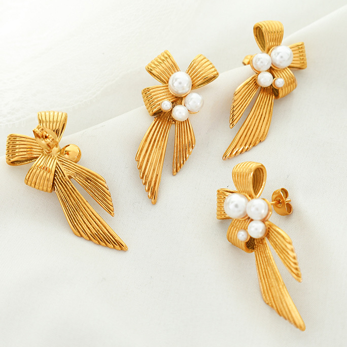 1 Paire De Boucles D'Oreilles Puces Rétro Classiques En Acier Inoxydable Plaqué Or Avec Nœud Papillon Et Perles Artificielles Pour Femme Image7