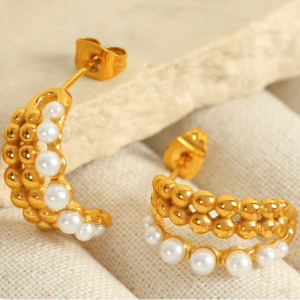 1 Paire De Boucles D'Oreilles Puces Rétro Classiques En Acier Inoxydable Plaqué Or Avec Perles Artificielles Pour Femme h5 Image3