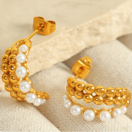 1 paire de boucles d'oreilles puces rétro classiques en acier inoxydable plaqué or avec perles artificielles pour femme 2