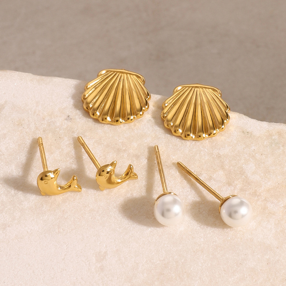 1 Paire De Boucles D'Oreilles Simples Pour Femmes, Série , Tortue, En Acier Inoxydable Plaqué Or , Perles Artificielles Image4