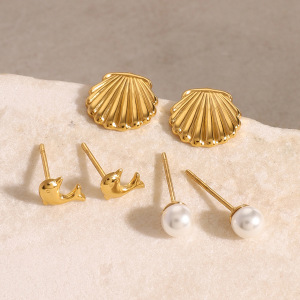 1 Paire De Boucles D'Oreilles Simples Pour Femmes, Série , Tortue, En Acier Inoxydable Plaqué Or , Perles Artificielles h5 Image4
