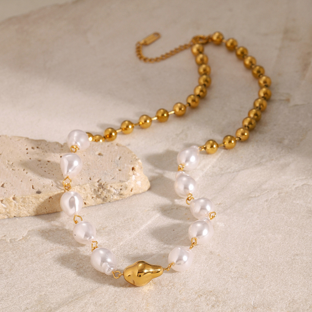 Collier De Perles Artificielles Pour Femmes, Série Luxueuse, Ligne , En Acier Inoxydable Plaqué Or  Image4