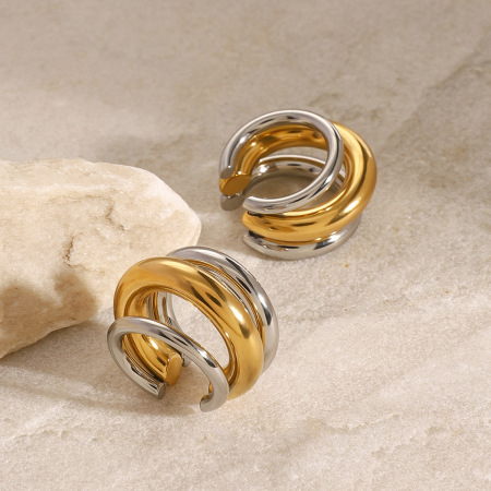 1 paire de manchettes d'oreilles femme en acier inoxydable plaqué or, style patchwork décontracté et simple 2