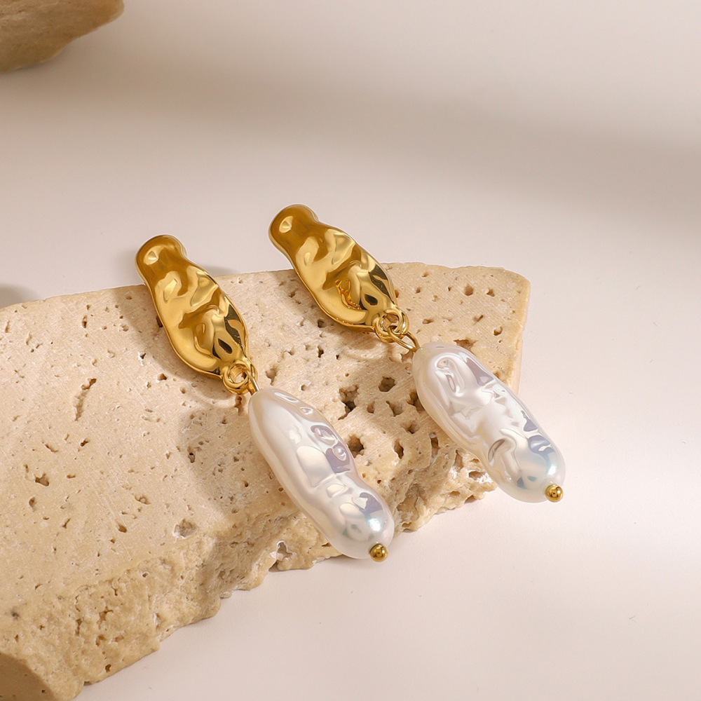 1 Paire De Boucles D'Oreilles Pendantes Ovales En Acier Inoxydable Plaqué Or Pour Femmes, Série Classic , Avec Perles Artificielles h5Image5