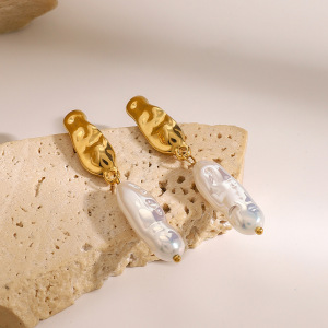 1 Paire De Boucles D'Oreilles Pendantes Ovales En Acier Inoxydable Plaqué Or Pour Femmes, Série Classic , Avec Perles Artificielles h5 Image5
