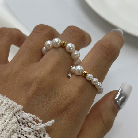 1 paire de bagues pour femme en acier inoxydable plaqué or , série simple, perles élégantes 2