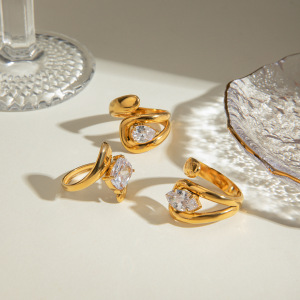 Bague Simple Pour Femme, Collection De Luxe, En Acier Inoxydable Doré, Imperméable, Ornée De Strass, De Forme Irrégulière. h5 Image4