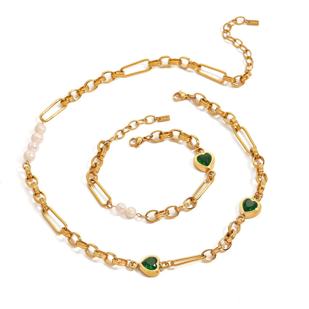 Bracelet Chaîne Pour Femme En Acier Inoxydable Plaqué Or  Avec Perles Artificielles, Série Romantique, Cœur Doux Image6