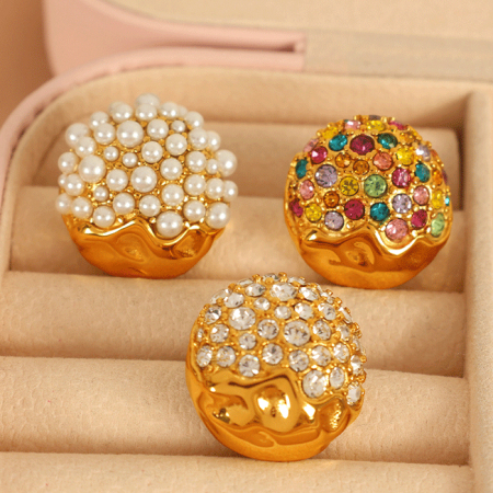 1 paire de boucles d'oreilles à tige géométriques rétro en acier inoxydable plaqué or  avec strass pour femme, série luxueuse 2