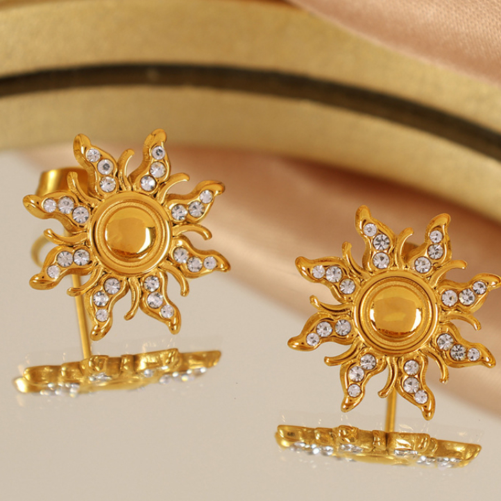 1 Paire De Boucles D'Oreilles À Tige Rétro Soleil/Lune En Acier Inoxydable Plaqué Or Avec Strass Pour Femme Image6