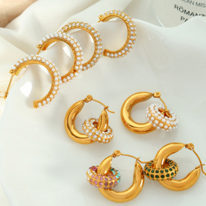 1 Paire De Boucles D'Oreilles Créoles Rétro Géométriques En Acier Inoxydable Plaqué Or  Avec Zircons Pour Femmes h5 Image5
