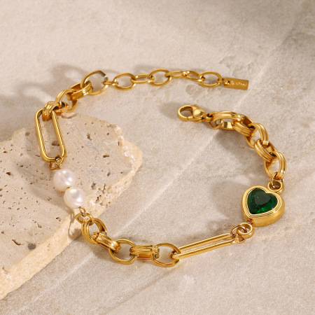 bracelet chaîne pour femme en acier inoxydable plaqué or  avec perles artificielles, série romantique, cœur doux