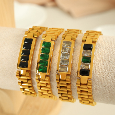 bracelet chaîne géométrique rétro en acier inoxydable plaqué or  et zircon pour femme, série simple, 1 pièce 2