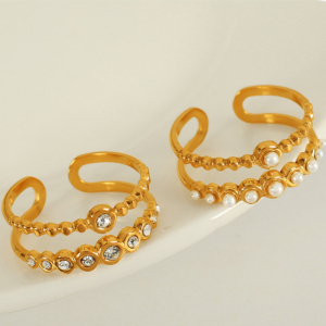 1 Paire De Bagues Ajustables Pour Femme, Série Simple, Style Rétro, Croix, En Acier Inoxydable Plaqué Or , Avec Perles Artificielles h5 Image6
