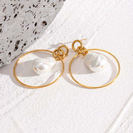 1 paire de boucles d'oreilles pendantes géométriques élégantes en acier inoxydable plaqué or  avec perles artificielles pour femmes 2
