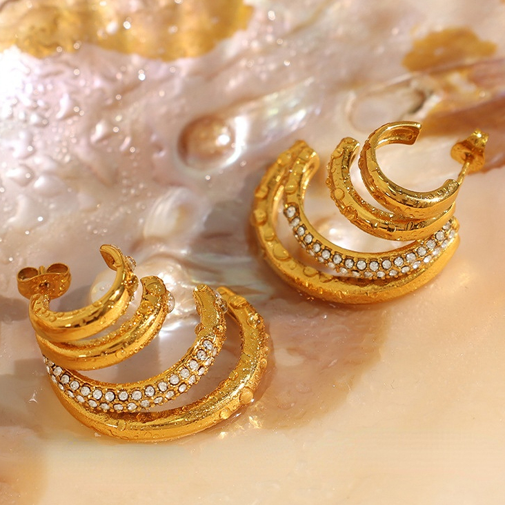 1 Paire De Boucles D'Oreilles À Tige Géométriques Rétro En Acier Inoxydable Plaqué Or  Avec Strass Pour Femme Image6