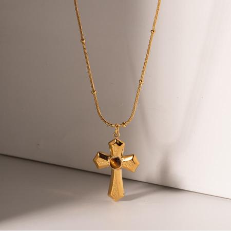 Collier Avec Pendentif Croix En Acier Inoxydable Plaqué Or  Et Pierre Naturelle Pour Femme, Série Simple, Style Ins