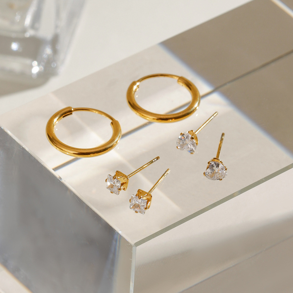 1 Paire De Boucles D'Oreilles Géométriques Classiques En Acier Inoxydable Plaqué Or Et Zircon Pour Femme Image6