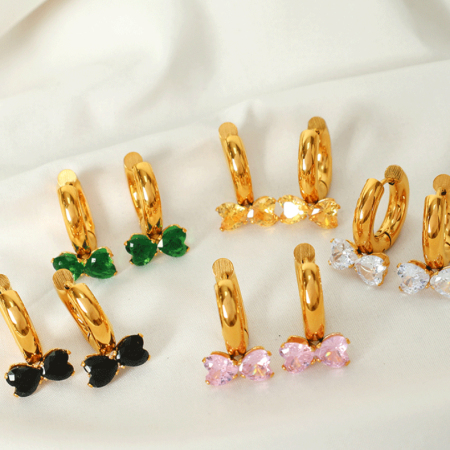1 paire de boucles d'oreilles pendantes pour femme, série romantique, nœud papillon, en acier inoxydable plaqué or et zircone 2