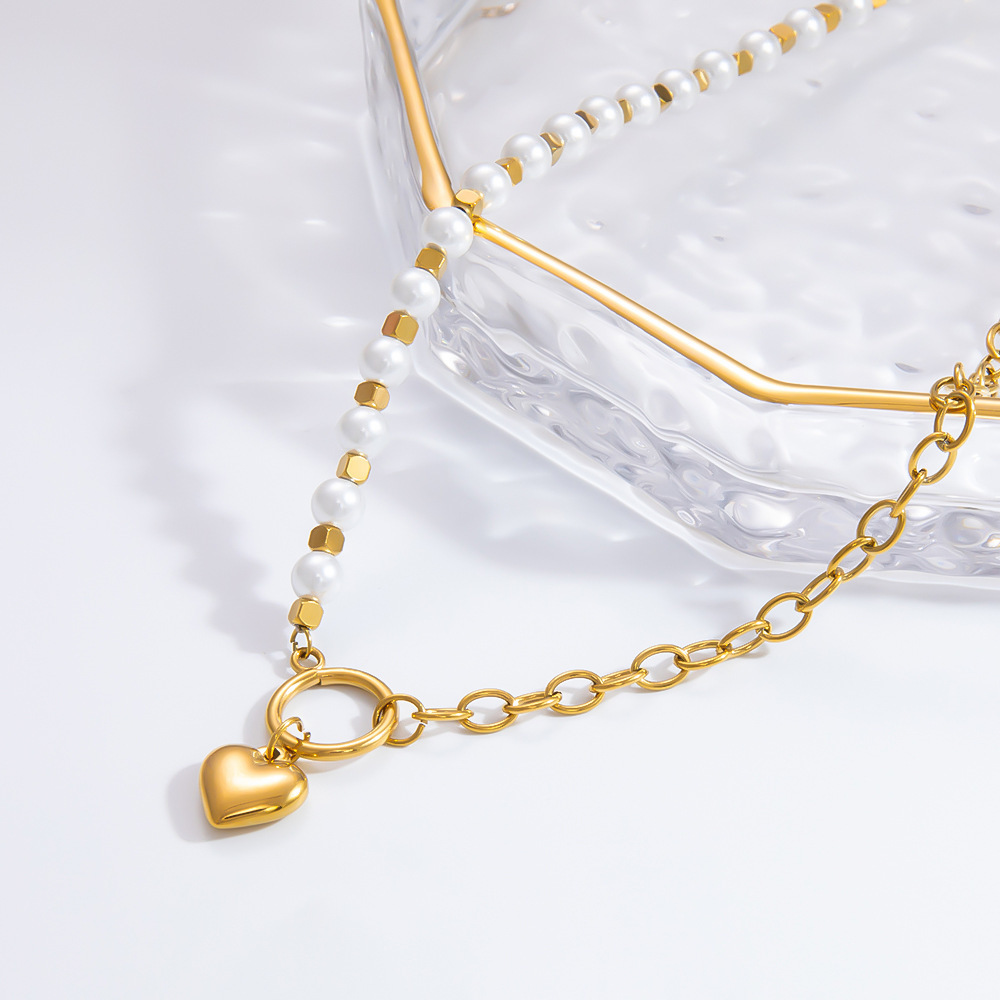 Collier Avec Pendentif En Forme De Cœur Élégant En Acier Inoxydable Plaqué Or  Et Perles Artificielles Pour Femme, Série Luxueuse Image5