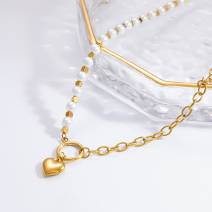 Collier Avec Pendentif En Forme De Cœur Élégant En Acier Inoxydable Plaqué Or  Et Perles Artificielles Pour Femme, Série Luxueuse h5 Image5