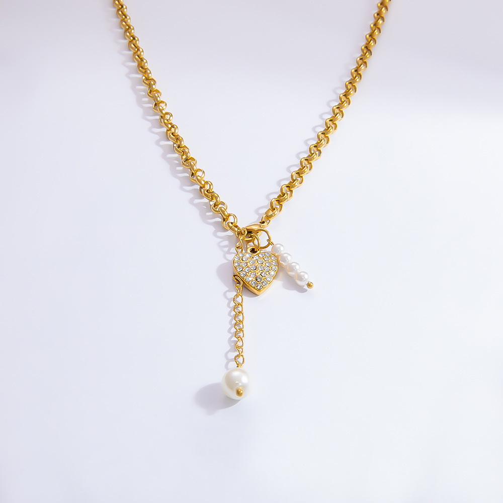 Collier Avec Pendentif En Forme De Cœur Élégant En Acier Inoxydable Plaqué Or  Et Perles Artificielles Pour Femme, Série Luxueuse Image7