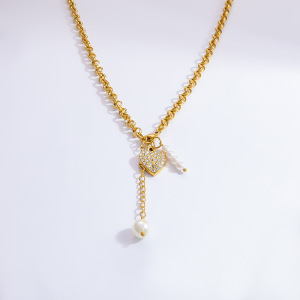 Collier Avec Pendentif En Forme De Cœur Élégant En Acier Inoxydable Plaqué Or  Et Perles Artificielles Pour Femme, Série Luxueuse h5 Image7