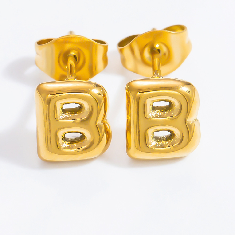 1 Paire De Boucles D'Oreilles Puces Pour Femme, Collection Simple Series, En Acier Inoxydable Étanche, Couleur Or, Avec Lettres Assorties. h5Image5