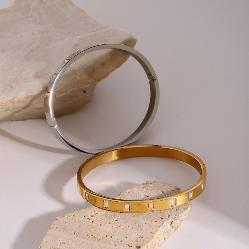 Bracelet Simple Et Décontracté En Acier Inoxydable Plaqué Or Avec Strass Pour Femme, 1 Pièce h5Image3