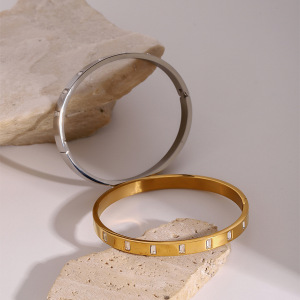 Bracelet Simple Et Décontracté En Acier Inoxydable Plaqué Or Avec Strass Pour Femme, 1 Pièce h5 Image3