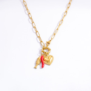 Collier Avec Pendentif En Forme De Cœur, Série Classique, En Acier Inoxydable Plaqué Or , Avec Perles Artificielles, Pour Femme h5 Image8
