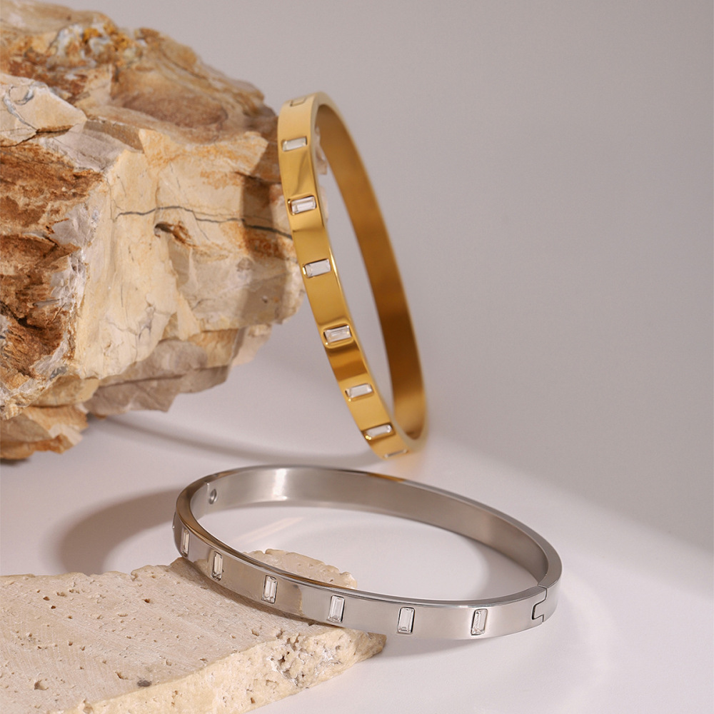 Bracelet Simple Et Décontracté En Acier Inoxydable Plaqué Or Avec Strass Pour Femme, 1 Pièce h5Image4