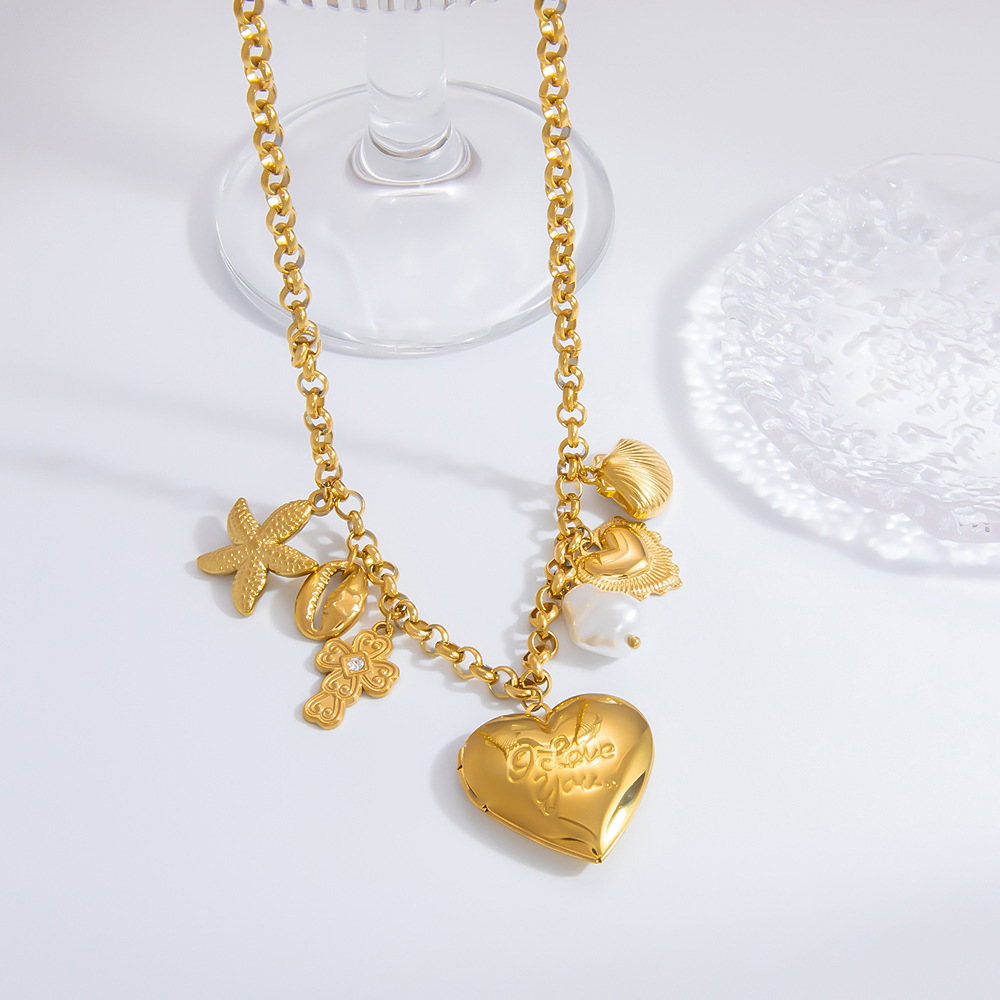 Collier Avec Pendentif En Forme De Cœur En Acier Inoxydable Plaqué Or  Pour Femme, Série Romantique, 1 Pièce Image8