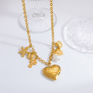 Collier Avec Pendentif En Forme De Cœur En Acier Inoxydable Plaqué Or  Pour Femme, Série Romantique, 1 Pièce h5 Image8
