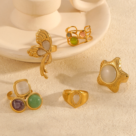 1 paire de bagues ajustables géométriques quotidiennes en acier inoxydable plaqué or  pour femme, série simple 2
