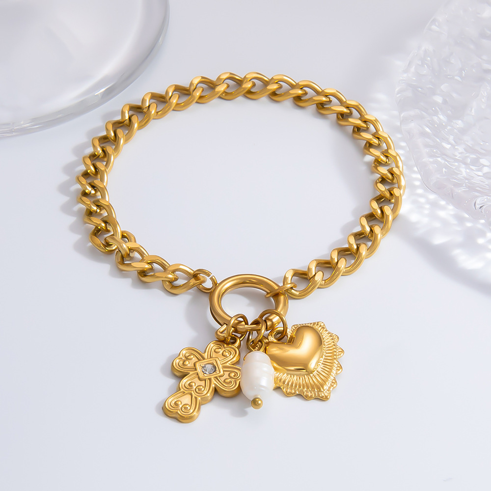 Bracelet À Breloques Pour Femme, Série Classique, En Acier Inoxydable Plaqué Or , Avec Strass, Motif Cœur Quotidien Image7