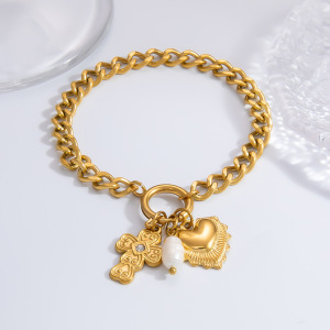 Bracelet À Breloques Pour Femme, Série Classique, En Acier Inoxydable Plaqué Or , Avec Strass, Motif Cœur Quotidien h5 Image7