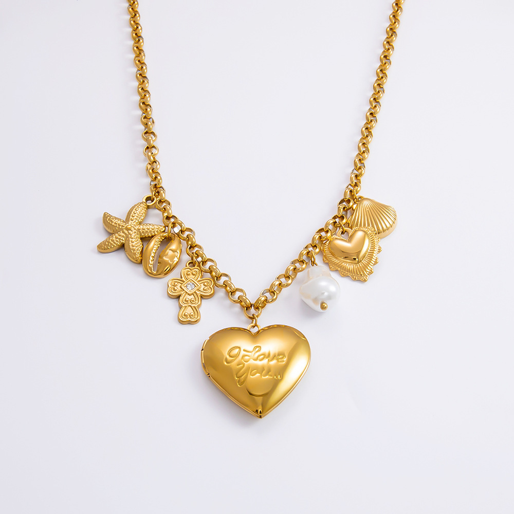 Collier Avec Pendentif En Forme De Cœur En Acier Inoxydable Plaqué Or  Pour Femme, Série Romantique, 1 Pièce Image9