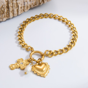 Bracelet À Breloques Pour Femme, Série Classique, En Acier Inoxydable Plaqué Or , Avec Strass, Motif Cœur Quotidien h5 Image9