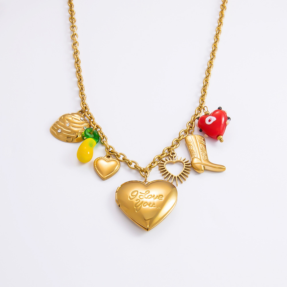 Collier Avec Pendentif En Forme De Cœur En Acier Inoxydable Plaqué Or  Pour Femme, Série Romantique, 1 Pièce Image7