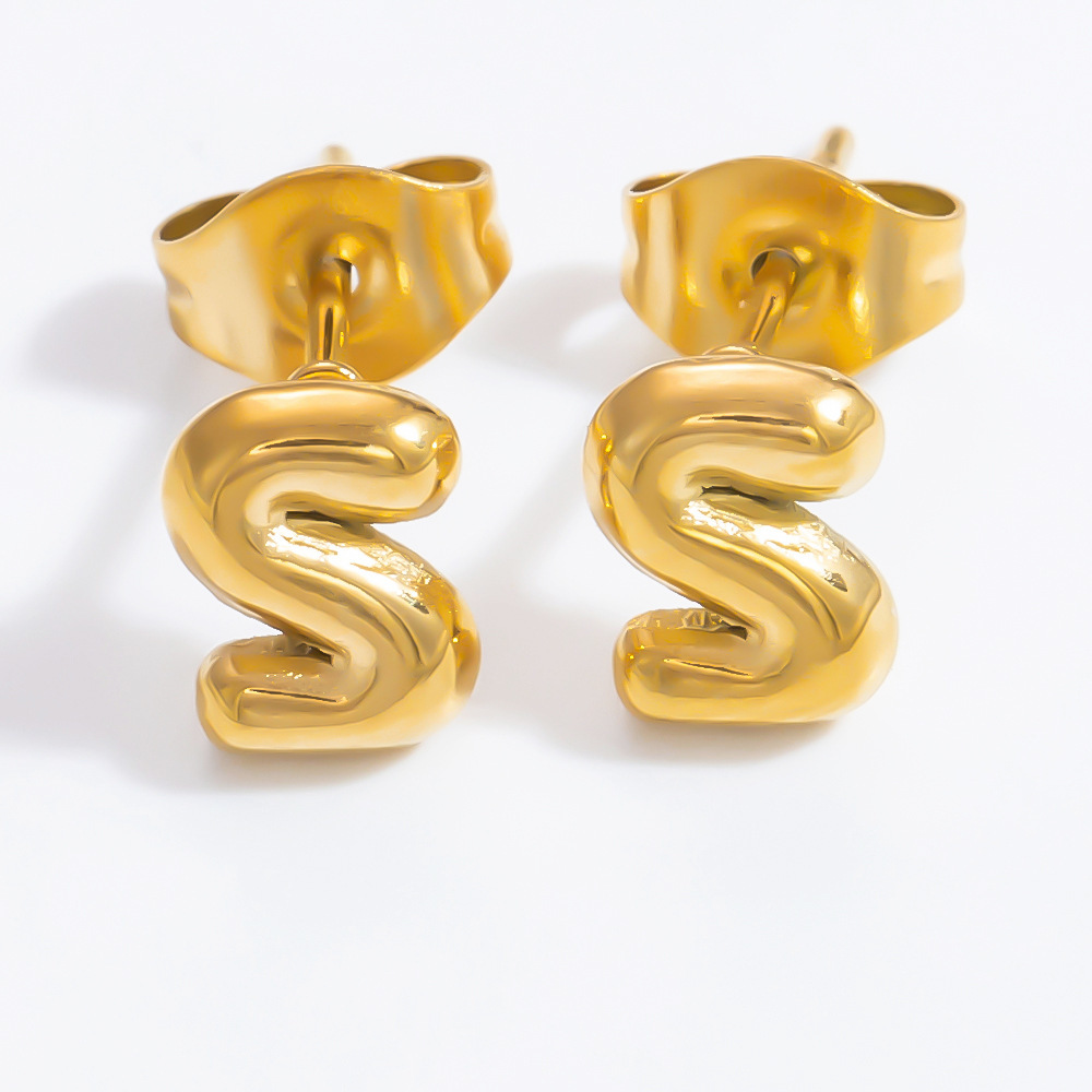 1 Paire De Boucles D'Oreilles Puces Pour Femme, Collection Simple Series, En Acier Inoxydable Étanche, Couleur Or, Avec Lettres Assorties. h5Image12