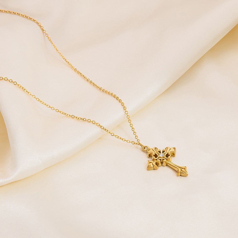 Collier Avec Pendentif Croix Classique En Acier Inoxydable Plaqué Or  Et Perles Artificielles Pour Femme, 1 Pièce Image5