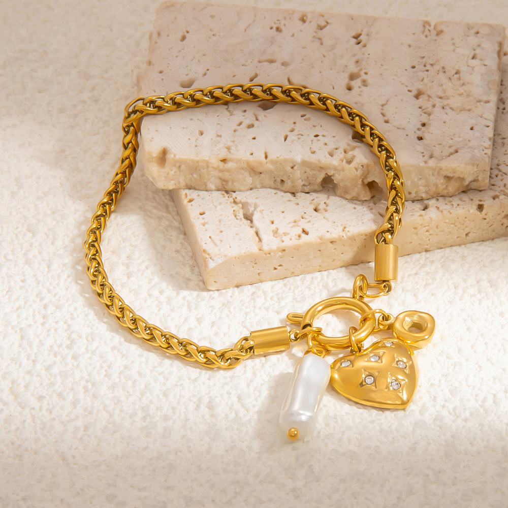 Bracelet À Breloques Élégant En Acier Inoxydable Plaqué Or  Avec Perles Artificielles Pour Femme, Série Romantique, 1 Pièce Image4
