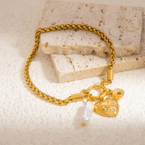 Bracelet À Breloques Élégant En Acier Inoxydable Plaqué Or  Avec Perles Artificielles Pour Femme, Série Romantique, 1 Pièce h5 Image4