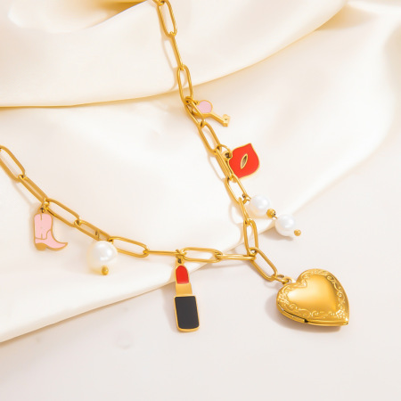 collier avec pendentif en forme de cœur classique en acier inoxydable plaqué or , série romantique, pour femme, avec perles artificielles 2