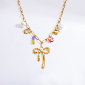 Collier Avec Pendentif En Acier Inoxydable Plaqué Or  Et Perles Artificielles Pour Femme, Série Romantique, Nœud Papillon h5 Image3