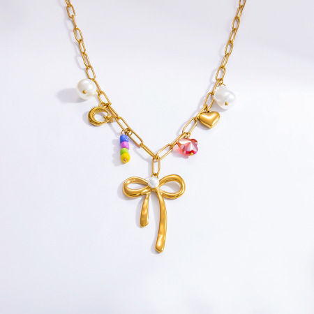 collier avec pendentif en acier inoxydable plaqué or  et perles artificielles pour femme, série romantique, nœud papillon 2