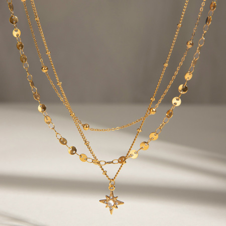 collier rétro soleil/lune en acier inoxydable plaqué or  pour femme, 1 pièce, série classique, avec strass superposés
