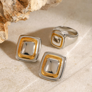 1 Paire De Boucles D'Oreilles À Tige Pour Femme En Acier Inoxydable Plaqué Or , Série Simple, Quadrilatère Simple h5 Image2